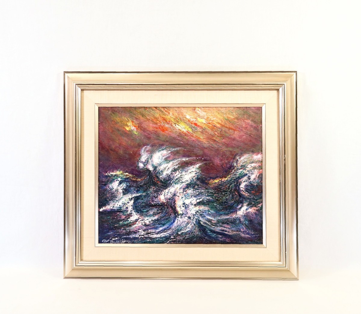 Genuine work by Bodaiji Mikiyuki Oil painting Rough Waves Size F8 Former merchant shipman Fascinated by the sea, afraid of the sea, continued to paint the sea White waves rise in the dark blue sea, baring their fangs, raging sea 8561, Painting, Oil painting, Nature, Landscape painting