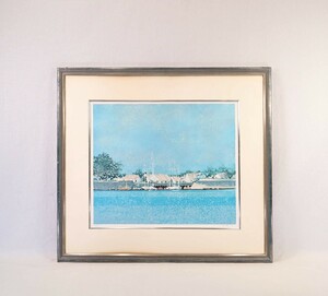 真作 アンドレ・ブーリエ リトグラフ「朝の港」画 56×46cm 仏人作家 印象派的手法点描画 淡いパステル表現 静寂感あるヨットハーバー 8567