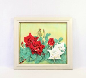 「模写」作者不詳 日本画「薔薇図」画寸 53cm×45cm 10号 瑞々しくも艷やかな紅白のバラの花 8550