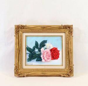 真作 的場二三男 油彩「バラ E」画寸 27cm×22cm F3 大阪府出身 日本美術家連盟会員 赤松麟作に師事 豊かな色調、瑞々しい薔薇の花 8542