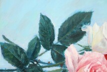 真作 的場二三男 油彩「バラ E」画寸 27cm×22cm F3 大阪府出身 日本美術家連盟会員 赤松麟作に師事 豊かな色調、瑞々しい薔薇の花 8542_画像4