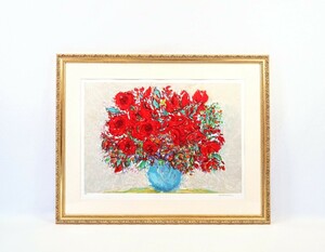 真作 アンドレ・コタボ リトグラフ「冬 薔薇」画67×47cm 仏人作家 現代具象画家の第一人者 リヨン派新具象を形成 真紅の華やかなバラ 8521