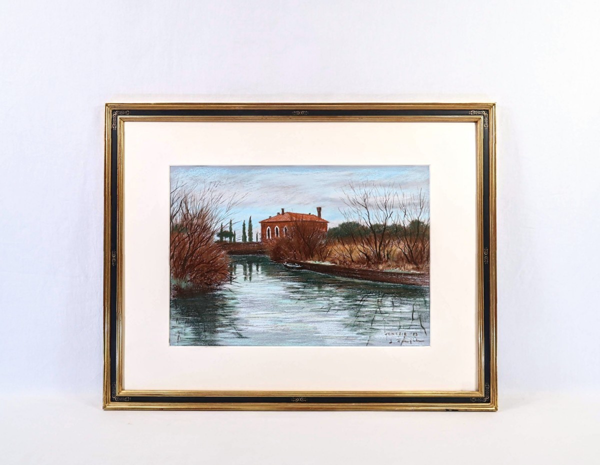 Genuine work by Jihei Fujii, 1983, pastel, Suburbs of Venice, size 55 x 38 cm, from Hyogo Prefecture, professor at Hyogo University of Teacher Education, studied under Tsuguo Ito, a painter, riverside landscape, 8623, Artwork, Painting, Pastel drawing, Crayon drawing