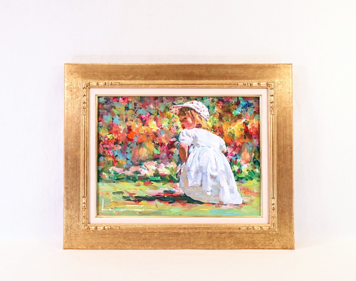 Authentic Hongbin Zhuo Oil painting In the Flower Garden Painting size P8 Chinese artist Monet of the East Children playing innocently in vivid colors make viewers smile 8568, Painting, Oil painting, Portraits