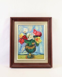 Art hand Auction 真作木村規 1970年油彩｢ばら｣画寸 31cm×41cm F6 アクアブルーの背景色に色鮮やか, 瑞々しく描いた薔薇の花 8600, 絵画, 油彩, 静物画