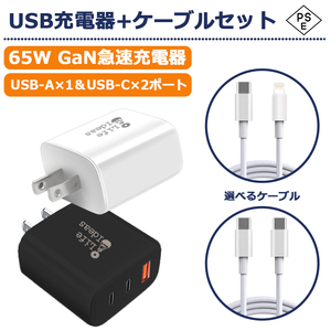 ACアダプター 急速充電 GaN PD65W QC18W USB Type-A/1ポート Type-C/2ポート iPhone Android ipad PSE適合