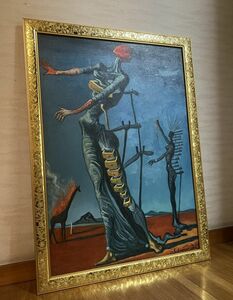希少作品「サルバドール・ダリ」「燃えるキリン」油絵　油彩画　画廊シール　オルセー美術館印　模写