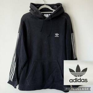 U■adidas アディダス メンズ スウェットパーカー 0サイズ 黒色 裏起毛 長袖トレーナー アディダスジャパン（株） 3本ライン 刺繍ロゴ