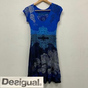 ◯ Desigual デシグアル 半袖 総柄 ワンピース レディース ブルー Mサイズ 膝丈 プリント ロゴ 刺繍 花柄 レース フリル ヴィンテージ 古着