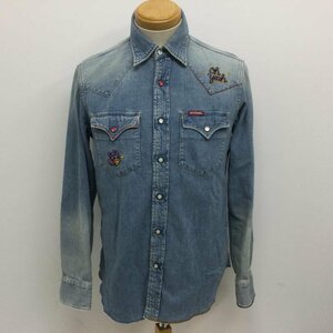  Hysteric Glamour 02191AH10 OH Yeah Logo embroidery mouse embroidery USED processing Denim Western long sleeve shirt 623 M Logo, character X embroidery 