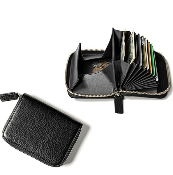 ミニ財布 大容量 本革 小銭入れ カードケース box型 蛇腹式 薄型 スキミング防止 ブラック