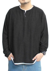 【新品】 5L ブラック 長袖Tシャツ メンズ 大きいサイズ 変形 リップル素材 クルーネック フェイクレイヤード カットソー