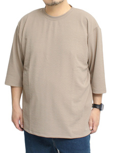 【新品】 2L ベージュ 7分袖 Tシャツ メンズ 大きいサイズ 無地 ヘリンボーン デザイン ストレッチ クルーネック カットソー