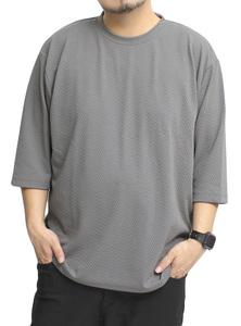 【新品】 4L グレー 7分袖 Tシャツ メンズ 大きいサイズ 無地 ヘリンボーン デザイン ストレッチ クルーネック カットソー