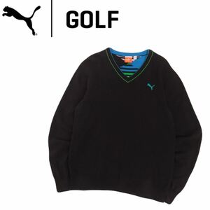 美品 最高級 PUMA GOLF 薄手軽量 蓄熱保温 マルチボーダー コットン ニット セーター メンズ プーマ ゴルフウェア コブラ cobra 240203