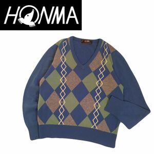 フワフワ極上 カシミヤ100% HONMA GOLF professional 蓄熱保温 アーガイル Vネック ニット セーター メンズM ホンマ ゴルフウェア 240205