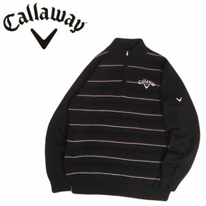 美品 最高級 豪華デザイン callaway ボーダー 蓄熱保温 ウール混 ニット セーター メンズL キャロウェイ ゴルフウェア ブラック 240234B