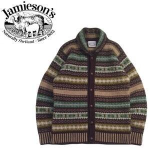 極美 フワフワ極上 スコットランド製 Jamieson's くるみボタン 総柄 ウール ニット カーディガン セーター メンズM ジャミーソンズ 2402223