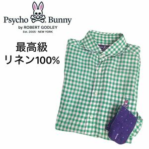 着用少 極美 最高級 リネン100% Psycho Bunny チェック柄 切替 ドット 総柄 長袖シャツ ドレスシャツ メンズL サイコバニー 日本製 2402239
