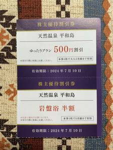 ★即決あり！送料63円★天然温泉平和島ゆったりプラン500円割引券１枚＋岩盤浴半額券１枚 2024年7月10日まで★京浜急行 株主優待券