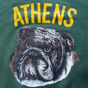 USA製 90s TULTEX タルテックス ビンテージ オリジナル ATHENS BULLDOG ブルドック 犬 動物 プリント グリーン ダメージ スウェット シャツの画像2