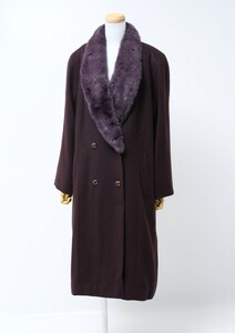 GN4865*エレガンス Elegance ミンクファー襟 カシミヤロングコート Size L ショールカラー ダークパープル系 日本製