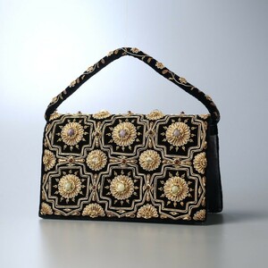 MG0606*インド製 ザリ刺繍 vintage ベルベット ハンドバッグ ミニバッグ 鞄 ブラック