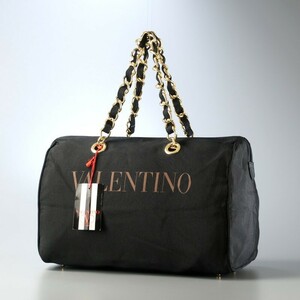 GP3943*イタリア製 VALENTINO ヴァレンティノ《vintage》ロゴプリント チェーンハンドバッグ ミニボストンバッグ 鞄 ブラック