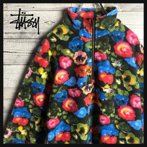【希少】ステューシー☆刺繍ロゴ入り 花柄 ハーフジップ フリースジャケット