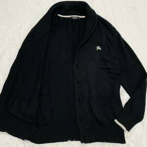 希少3/L◎ BURBERRY BLACK LABEL バーバリーブラックレーベル ショールカラーカーディガン 肉厚 黒 ホースロゴ くるみボタン ライン 3730