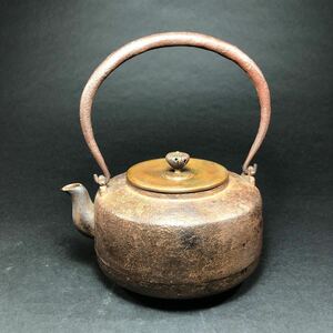 平太鼓胴鉄瓶 朱泥鮫肌 菊蕾虫喰摘 丸型銘印 時代 茶道具 煎茶道具 茶器