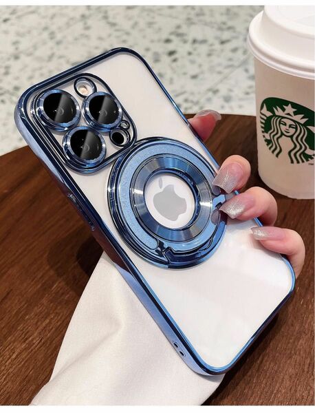 iPhone15plusケース クリアケース アイフォン15proケース スタンド付き メッキ加工 MagSafe充電 レンズ保護