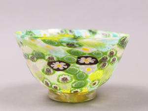 nP1D ベネチアンガラス ムラノ ミルフィオリ 緑 金 紫 黄 ボウル 茶碗 Murano Glass Bowl 美品