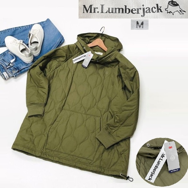 未使用品 /M/ Mr.Lumberjack グレーカーキ 長袖キルティングパーカー フーディ ハイネック タグ 薄中綿メンズレディース ランバージャック
