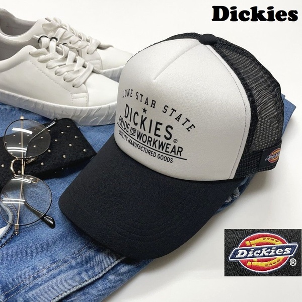 未使用品 Dickies ブラック メッシュキャップ メンズレディース アウトドアキャンプ カジュアル ゴルフ ホワイトロゴ タグ 黒 ディッキーズ