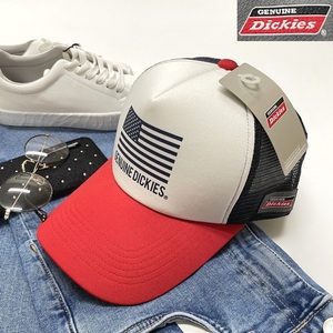 未使用品 Dickies レッド メッシュキャップ 国旗ロゴプリント メンズレディース アウトドアキャンプカジュアルゴルフホワイト ディッキーズ