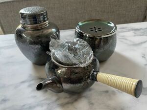 銀川堂 特選黄銅製 いぶし銀 茶器揃 急須 茶入 茶壺 茶こぼし 茶器 茶道具 箱付 レトロ