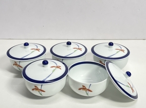 ● 未使用 香蘭社 蓋付 湯呑 五客 蘭文様 ブルー 青 茶器 和食器 陶器製 元箱 ef981