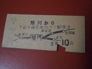 古い、硬券切符　昭和34・８・５　地図式乗車券　旭川から　旭川駅発行