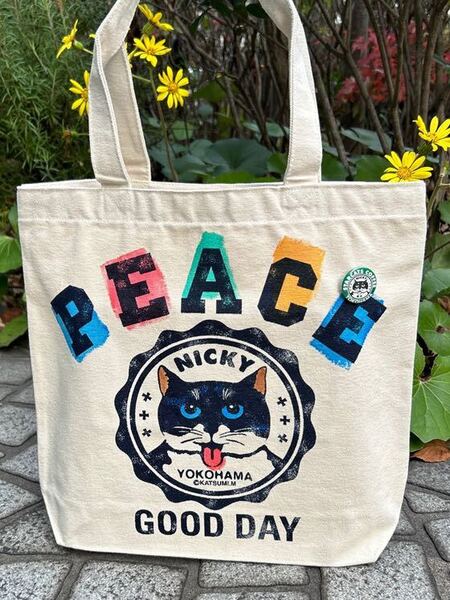♪ 送料無料 / カツミアートスタジオ・松下カツミ / トートバッグ(大)PEACE-NICKY / ナチュラル / ネコ CATS / 猫グッズ ♪
