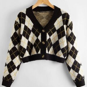 shein シーイン ボタンアップ アーガイル クロップカーディガン レディース ファッション トップス カーディガン チェック