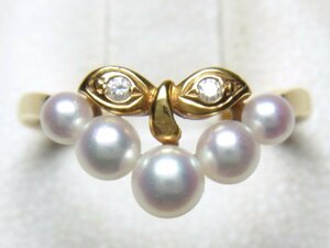 [Shimoe]最落無し！1円～ミキモト（MIKIMOTO）Ｋ１８　天然あこやパール＆ダイヤリング