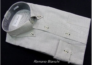 2【RomanoBianchi】細身体/形態安定ボタンダウン（ドュエポットニー）長袖シャツ・グレー系ピン柄・襟回り43㎝-裄丈85㎝