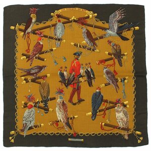 ★D2086 新同!! エルメス カレ90 LES OISEAUX DU ROY 王の鳥たち スカーフ カシミヤ×シルク ダークブラウン×マルチカラー レディース★