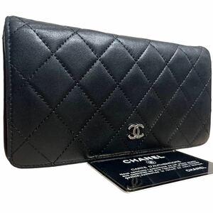 1円 シャネル CHANEL マトラッセ 長財布 ラムスキン ココマーク シルバー金具 キルティング ステッチ シリアル 黒 ブラック レザー 財布 羊