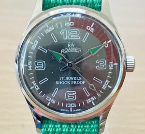 *1970'S ultra rare super-beauty goods ROAMER Vintage watch SWISS Switzerland wristwatch men's for green green military hand winding antique machine stylish *OH settled 