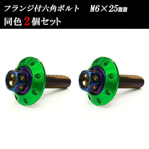 フランジ付六角ボルト M6×25mm P1.0 カラーワッシャー フジツボ 20×4mm 2個set 車 汎用 外装 カー用品 焼きチタン×グリーン