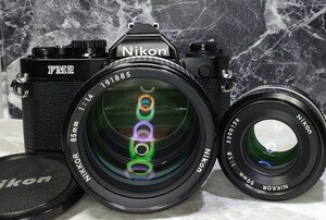 【終活整理】 Nikon NEW FM2黒＋Ai-s NIKKOR 85mm f1.4 シンデレラポートレート単焦点＋50mm f1.8 薄型パンケーキ 各動作良好 露出計OK 