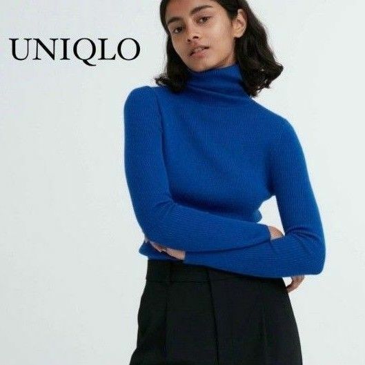 UNIQLO【美品】エクストラファインメリノリブタートルネックセーター（長袖）　ブルー　L　ユニクロ　