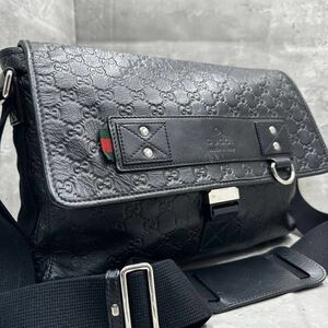 1円■A4◎/大容量■ 定価35万 GUCCI グッチ メンズ シマ レザー メッセンジャーバッグ ショルダー ビジネス 鞄 本革 シェリーライン 黒